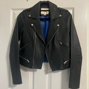Maje Black Leather Biker Jacket with Silver Accents